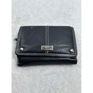 Vtg. Buxton Woman's Black Leather Trifold Wallet Zip Coin Card Slots 4.5" x 4"